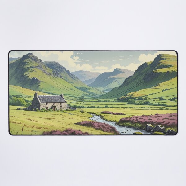 Vintage Art, Highland Serenity – Remote Cottage in a Scenic Valley Desk Mat