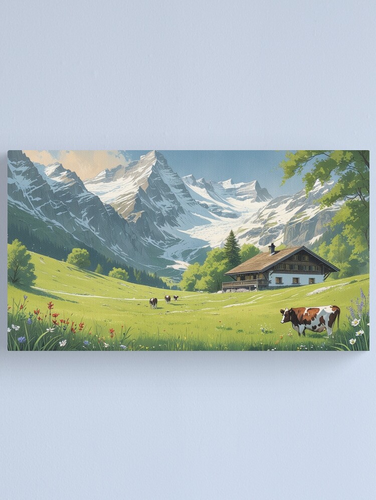Thumbnail 1 of 3, Canvas Print, Vintage Art, Swiss Mountains – Idyllic Paradise designed and sold by PixelsArtst.