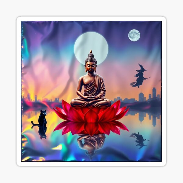 Buddha Shakyamuni in meditation and one lone cat, suvAInnaART Sticker