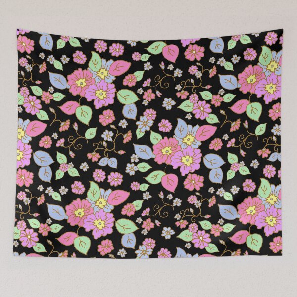 Item preview, 70s Pop Floral Print on Black designed and sold by Sharon Schwalbe.
