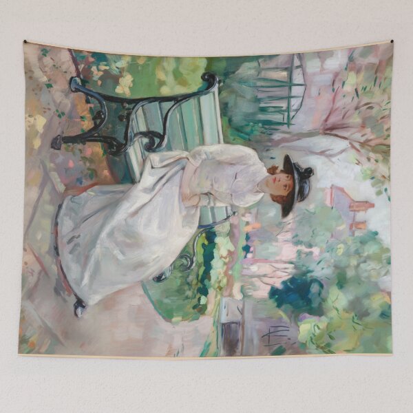 Item preview, French Impressionist Painting of a Woman Sitting in a Garden Bench – Vintage European Wall Art designed and sold by CARRAANN.