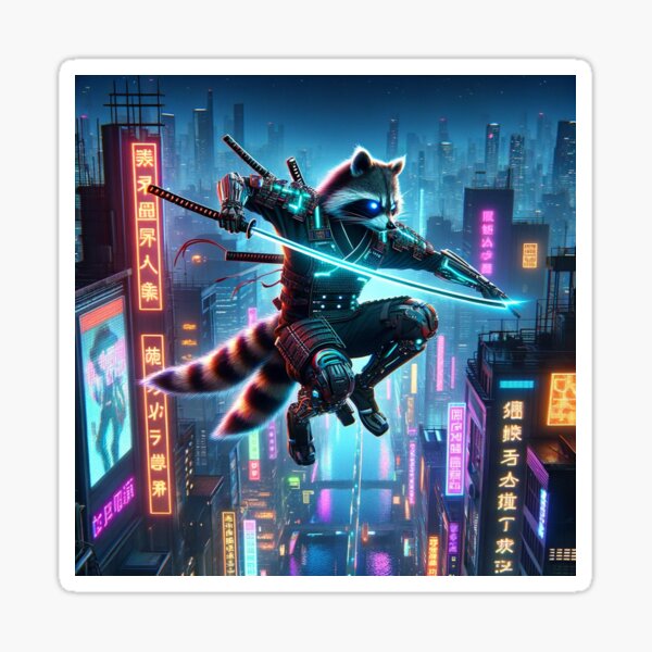 Artikel-Vorschau von Cyber Samurai Waschbär – Neon Leap, designt und verkauft von FutureBeastsAI.