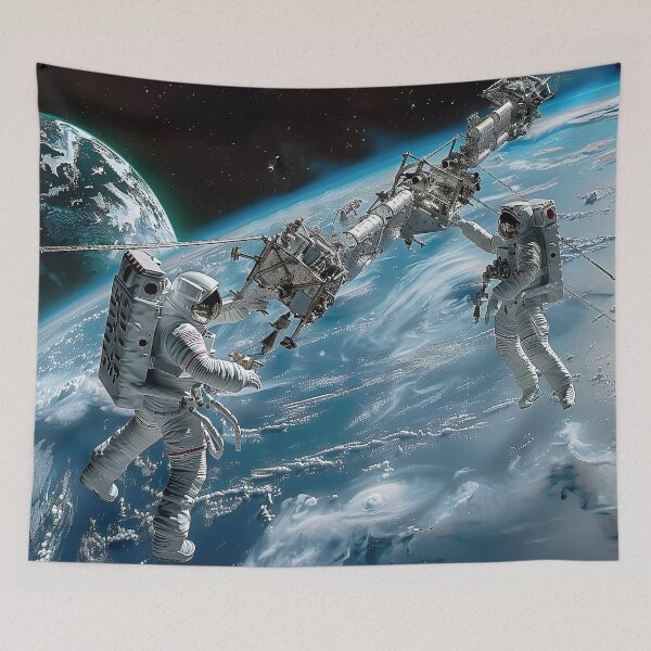 Item preview, two astronauts and a pair of humanoid robots work in perfect synchronization designed and sold by CheerForGoods.