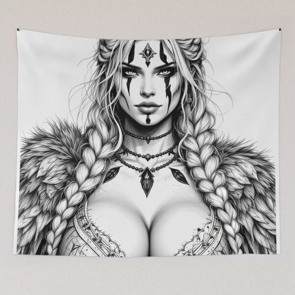 Item preview, Fierce Viking Warrior Queen – Black & White Fantasy Art designed and sold by Kaladin Creations.