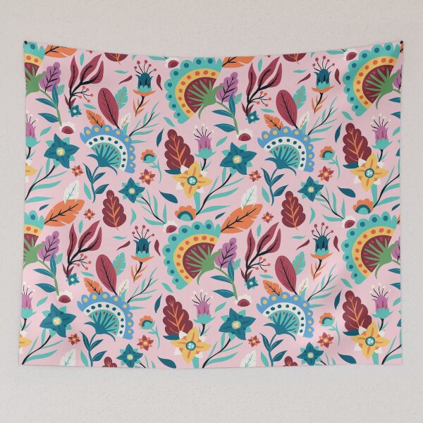 Item preview, colorful boho pattern with feathers, floral designed and sold by Mauswohn.
