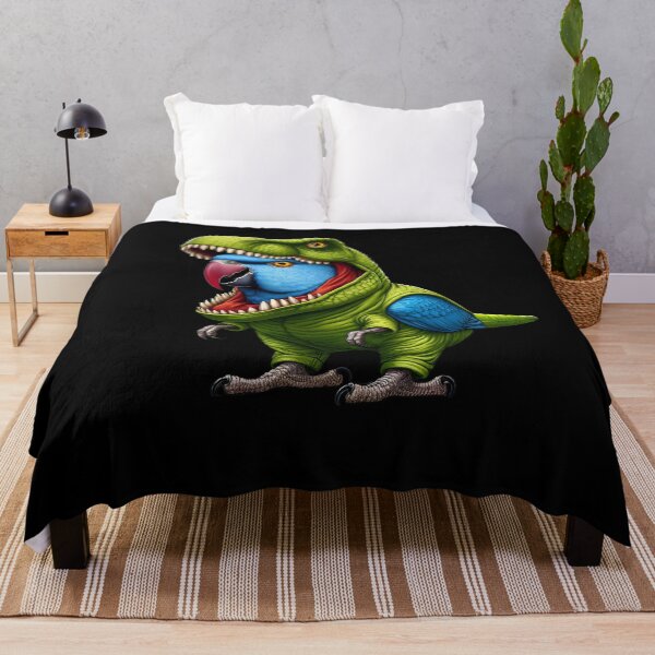 Aperçu de l'œuvre Perroquet à collier bleu indien portant une tenue de dinosaure amoureux des oiseaux drôles créée et vendue par Kimberley King Art  King Art.