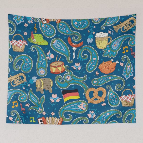 Item preview, Oktoberfest fun with beer, pretzels & Bavarian coziness on blue designed and sold by colorofmagic.