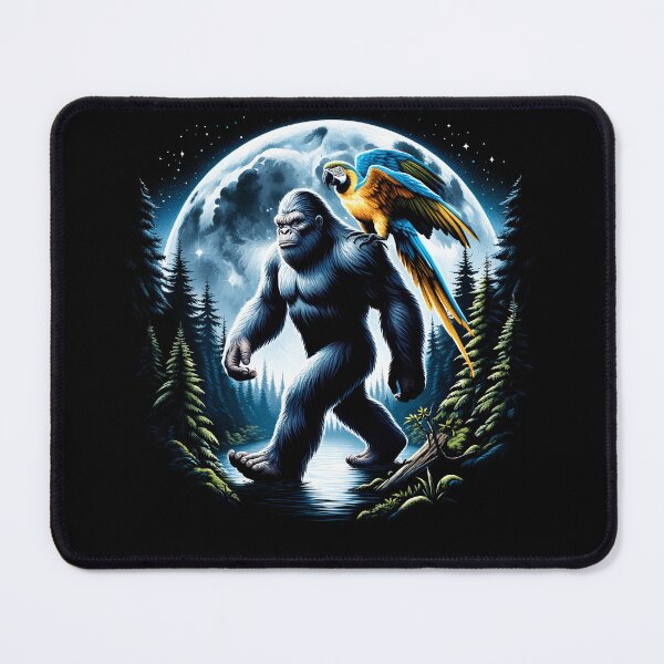 Item preview, Bigfoot Sasquatch Blue and Yellow Macaw Parrot Owner Lover Full Moon designed and sold by Kimberley King Art King Art.