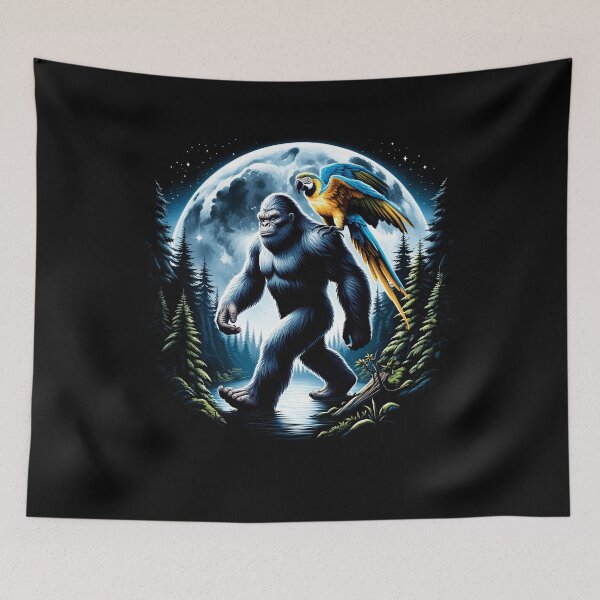 Item preview, Bigfoot Sasquatch Blue and Yellow Macaw Parrot Owner Lover Full Moon designed and sold by Kimberley King Art  King Art.