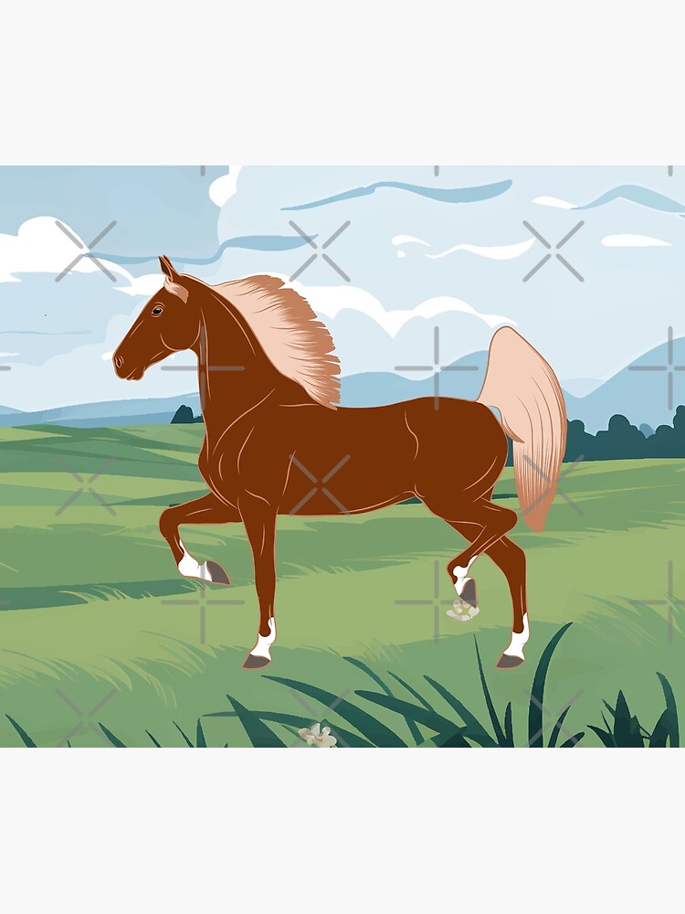 Aperçu 3 sur 3. Tentures avec l'œuvre Cheval de Selle Américain, cheval d'allure, cheval alezan aux crins lavés avec paysage, races de chevaux des États Unis créée et vendue par WebEquitation.