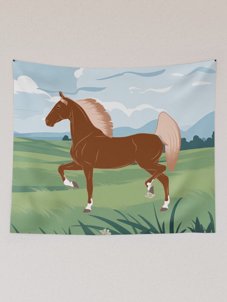 Aperçu 2 sur 3. Tentures avec l'œuvre Cheval de Selle Américain, cheval d'allure, cheval alezan aux crins lavés avec paysage, races de chevaux des États Unis créée et vendue par WebEquitation.