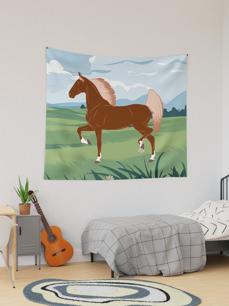 Aperçu 1 sur 3. Tentures avec l'œuvre Cheval de Selle Américain, cheval d'allure, cheval alezan aux crins lavés avec paysage, races de chevaux des États Unis créée et vendue par WebEquitation.