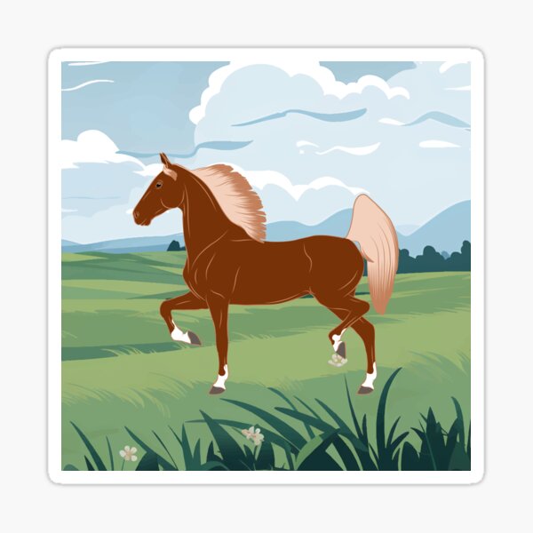 Aperçu de l'œuvre Cheval de Selle Américain, cheval d'allure, cheval alezan aux crins lavés avec paysage, races de chevaux des États Unis créée et vendue par WebEquitation®.