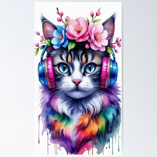 Artikelvorschau, Lebendige Aquarellkatze mit Kopfhörern und Blumenkrone entworfen und verkauft von Moss and Moon Studio.