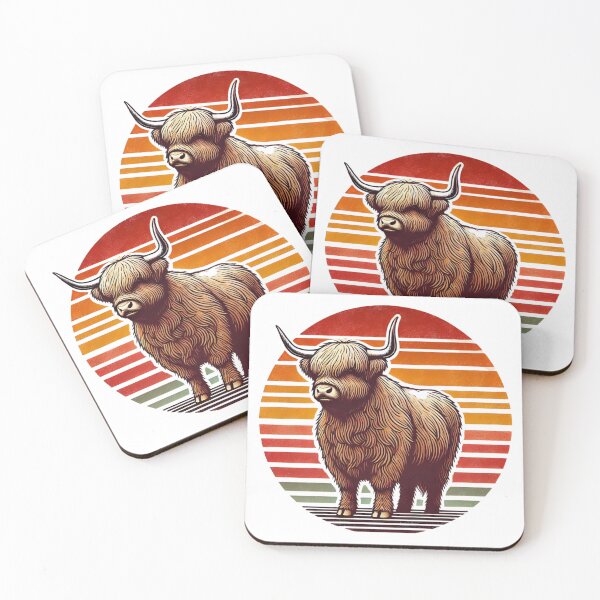 Item preview, Retro Highland Cow with Fluffy Fur and Sunset Background designed and sold by luckytua789.