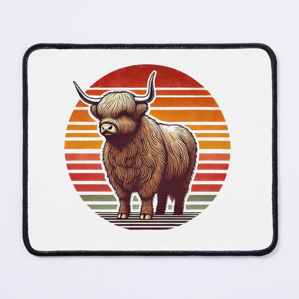 Item preview, Retro Highland Cow with Fluffy Fur and Sunset Background designed and sold by luckytua789.