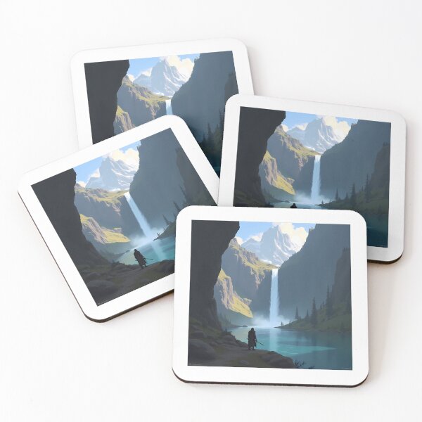 Item preview, Lone Warrior at the Edge of the World – A Mountainous Waterfall Scene designed and sold by somethingcreative.