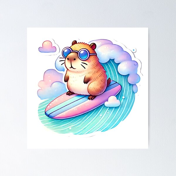 Item preview, Capybara surfing  designed and sold by MellowPeach.