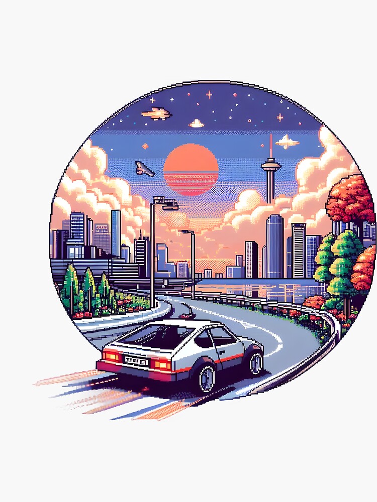 Thumbnail 3 of 3, Sticker, Retro Futuristic City Drive Pixel Art designed and sold by The-T-In-Retro.