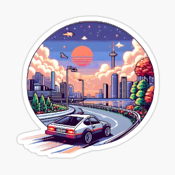 Item preview, Retro Futuristic City Drive Pixel Art designed and sold by The-T-In-Retro.