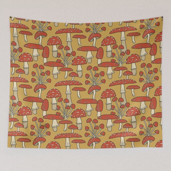 Item preview, Red Cap Mushrooms on Goldenrod designed and sold by latheandquill.