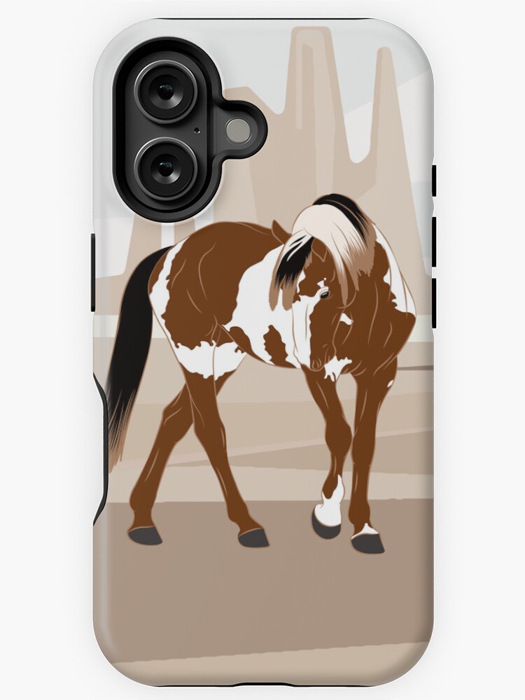 Aperçu 1 sur 4. Coque iPhone avec l'œuvre Cheval Mustang, cheval sauvage, cheval pie avec paysage, races de chevaux des États Unis créée et vendue par WebEquitation.