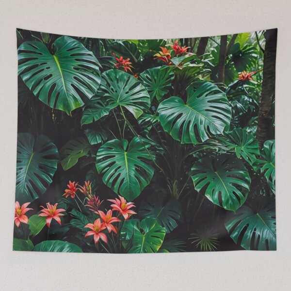 Item preview, Monstera With Bromeliad Guzmania Flower - Aesthetic Tropical Plants Foliage - Greenery - Fresh Dense Plants - Vegetation After Rain designed and sold by MyArt23.