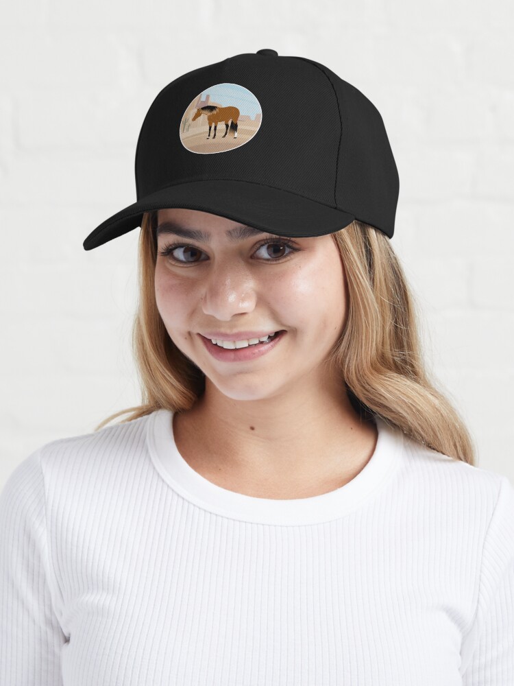 Aperçu 6 sur 7. Casquette avec l'œuvre Quarter Horse, cheval isabelle avec paysage, cheval de selle, races de chevaux des États unis créée et vendue par WebEquitation.