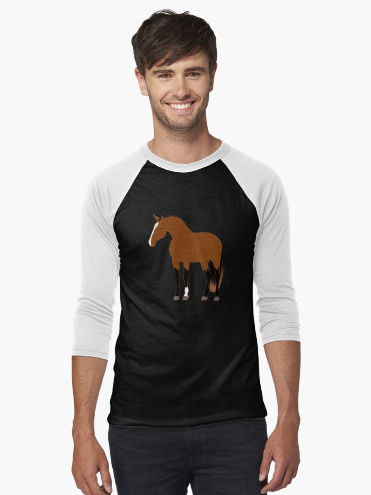 Aperçu 1 sur 3. T-shirt baseball manches ¾ avec l'œuvre Cheval Alter Real, dessin cheval bai, cheval ibérique, races de chevaux du Portugal créée et vendue par WebEquitation.