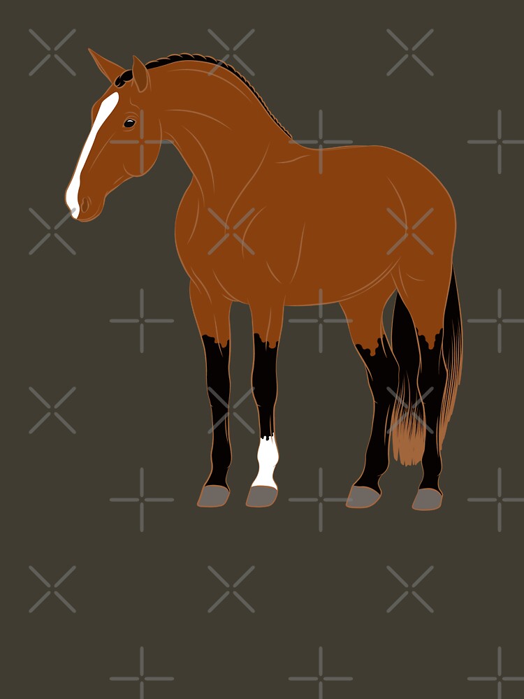 Aperçu 3 sur 3. T-shirt moulant avec l'œuvre Cheval Alter Real, dessin cheval bai, cheval ibérique, races de chevaux du Portugal créée et vendue par WebEquitation.