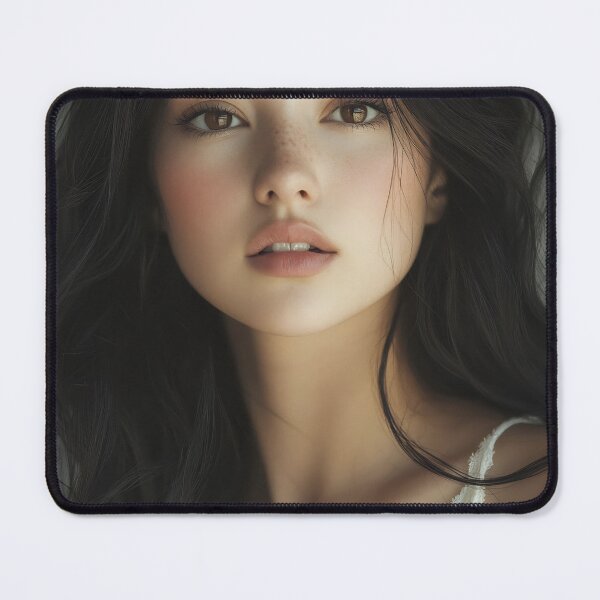 Item preview, A young woman with long, dark hair gazes at the camera with a serene expression, showcasing natural beauty and soft lighting. designed and sold by anytka.
