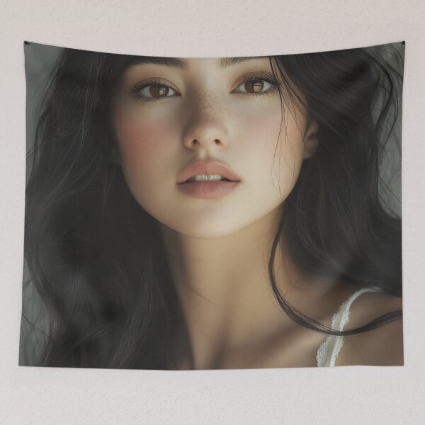 Item preview, A young woman with long, dark hair gazes at the camera with a serene expression, showcasing natural beauty and soft lighting. designed and sold by anytka.