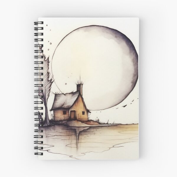 Item preview, A whimsical illustration of a cozy cottage beside a large moon and abstract feather elements with soft earthy tones designed and sold by anytka.