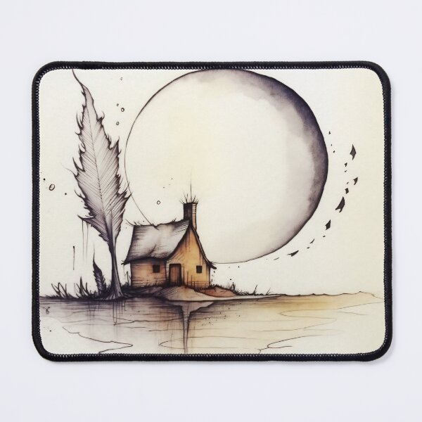 Item preview, A whimsical illustration of a cozy cottage beside a large moon and abstract feather elements with soft earthy tones designed and sold by anytka.