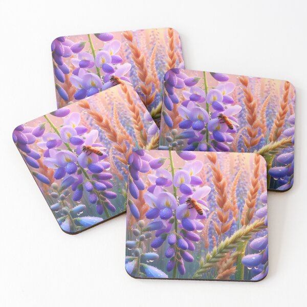 Item preview, Bee on wisteria flower clystar clear dew morning designed and sold by EmeraldeaArt.