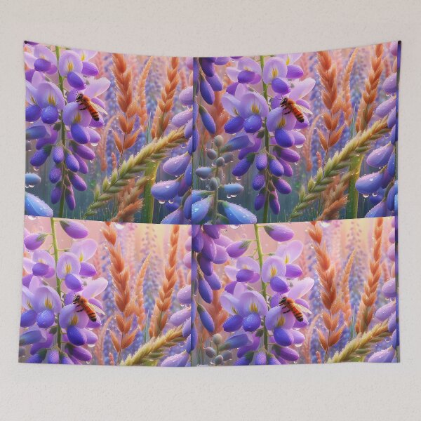 Item preview, Bee on wisteria flower clystar clear dew morning designed and sold by EmeraldeaArt.