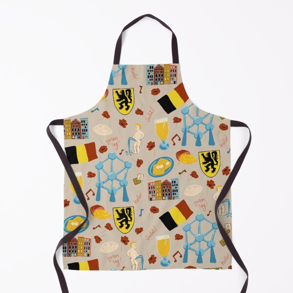 Item preview, Belgium inspired travel, mannekin pis, atomic, beers, waffles, chocolate, fries on tan designed and sold by katerosestudios.