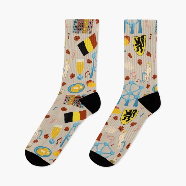 Item preview, Belgium inspired travel, mannekin pis, atomic, beers, waffles, chocolate, fries on tan designed and sold by katerosestudios.