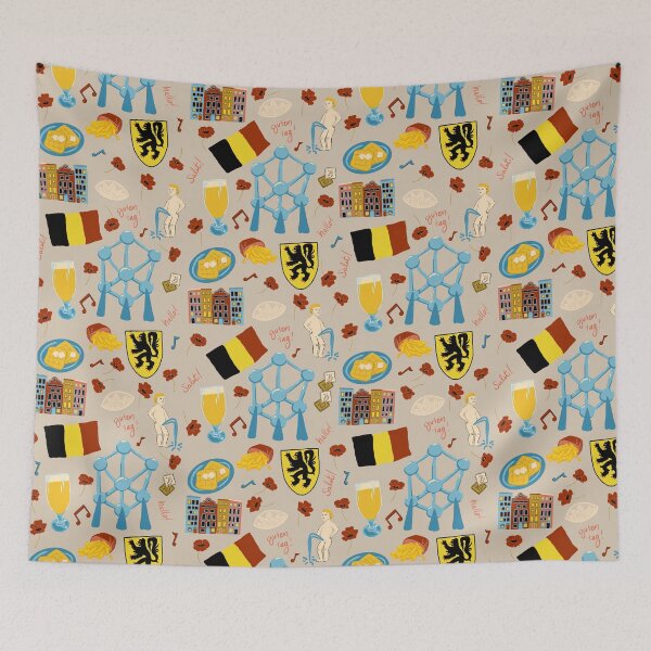 Item preview, Belgium inspired travel, mannekin pis, atomic, beers, waffles, chocolate, fries on tan designed and sold by katerosestudios.