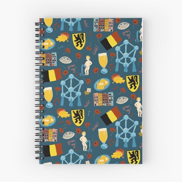 Item preview, Belgium inspired travel, mannekin pis, atomic, beers, waffles, chocolate, fries on dark blue  designed and sold by katerosestudios.