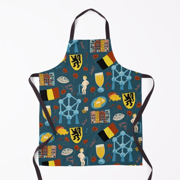 Item preview, Belgium inspired travel, mannekin pis, atomic, beers, waffles, chocolate, fries on dark blue designed and sold by katerosestudios.
