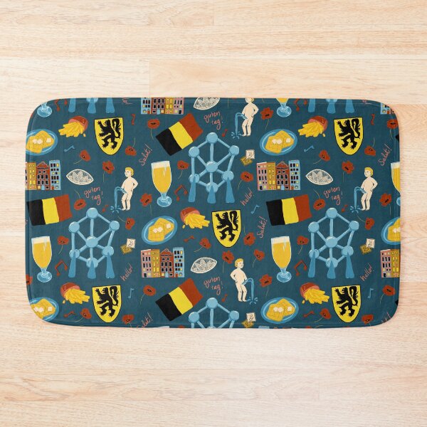 Item preview, Belgium inspired travel, mannekin pis, atomic, beers, waffles, chocolate, fries on dark blue  designed and sold by katerosestudios.