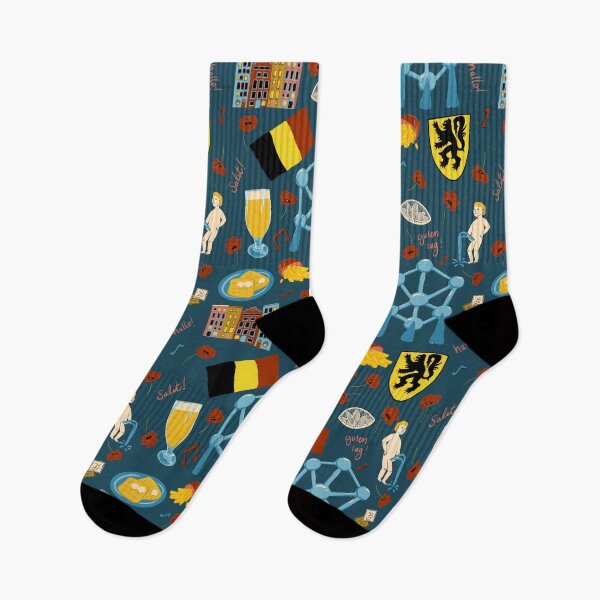 Item preview, Belgium inspired travel, mannekin pis, atomic, beers, waffles, chocolate, fries on dark blue  designed and sold by katerosestudios.
