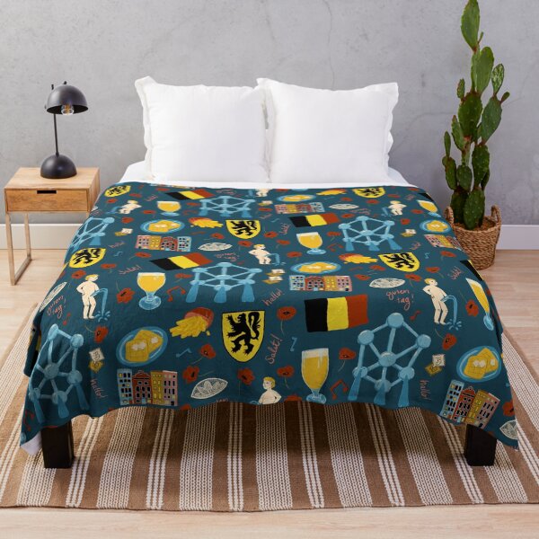 Item preview, Belgium inspired travel, mannekin pis, atomic, beers, waffles, chocolate, fries on dark blue  designed and sold by katerosestudios.