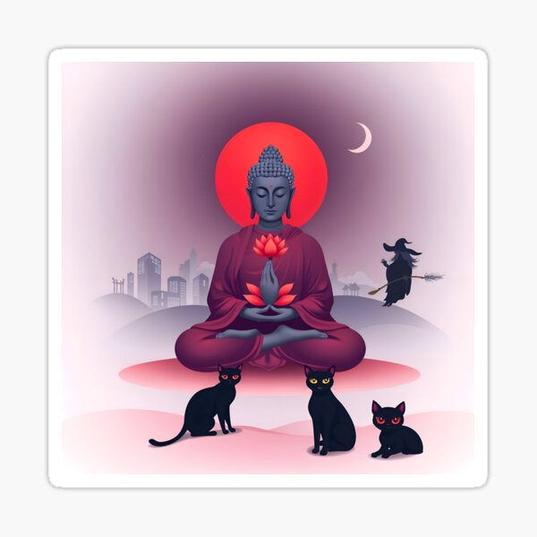 Buddha Siddhartha Gautama in meditation with a witch and cats, suvAInnaART Sticker
