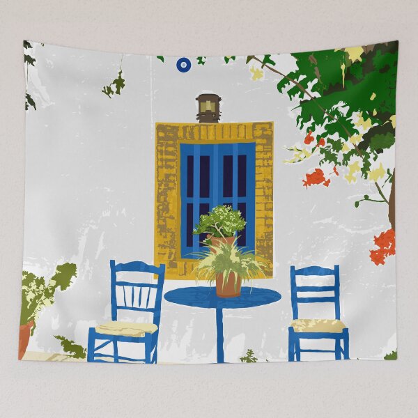 Item preview, Greek Vacay For Two, Evil Eye Santorini Travel Summer, Eclectic Travel Architecture White Buildings Cafe designed and sold by 83oranges.com.