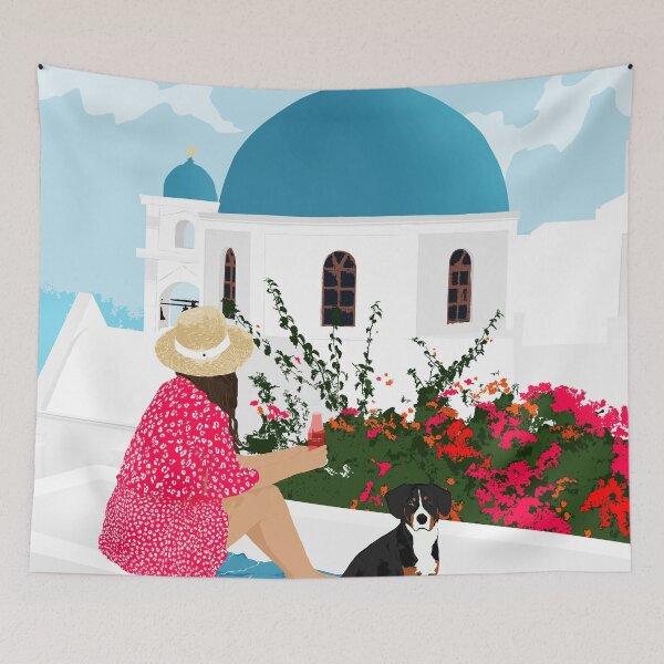 Item preview, Greek Staycation, Pets Santorini Tropical Summer Travel, Dog White Buildings Architecture Fashion Bohemian designed and sold by 83oranges.com.