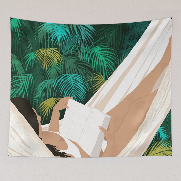 Item preview, Summer Hammock Reading, Tropical Jungle Travel, Watercolor Nature Bohemian Forest Plants, Palm Beach designed and sold by 83oranges.com.