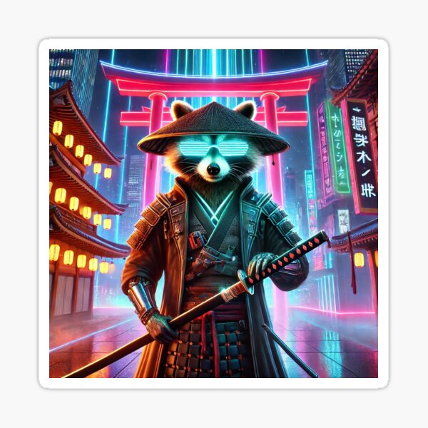 Artikel-Vorschau von Neon Temple Guardian – Cyber-Samurai-Waschbär, designt und verkauft von FutureBeastsAI.