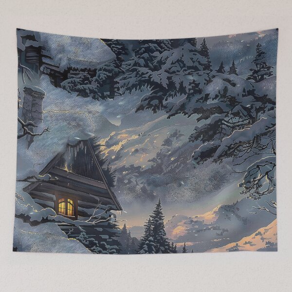 Item preview, a cozy cabin nestled deep within a snow-laden winter forest. designed and sold by CheerForGoods.